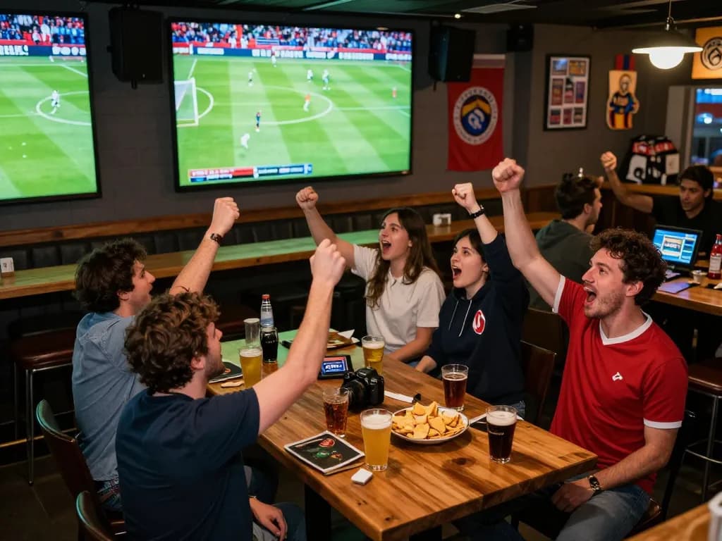 Fans engaged in an exciting football match at a sports bar, highlighting kênh trực tiếp bóng đá hôm nay atmosphere and camaraderie.