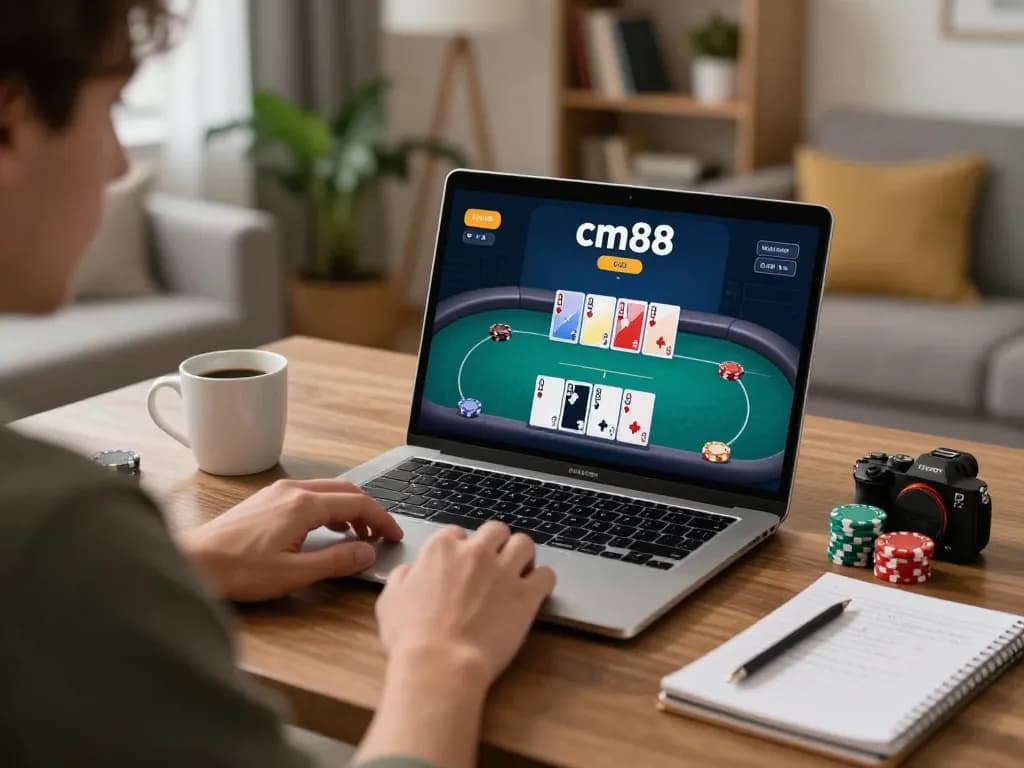 Player strategizing on cm88 poker game interface with laptop and notes in cozy home environment