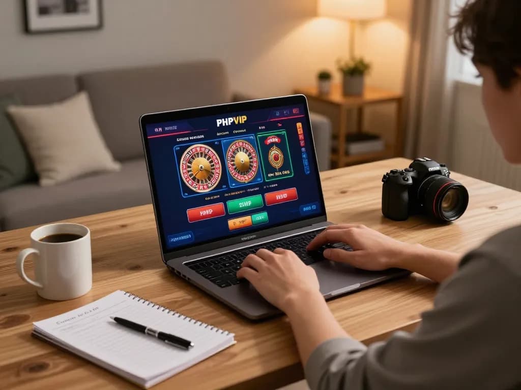Engaged player enjoying PHPVIP casino games using a laptop at home, showcasing responsible gaming.