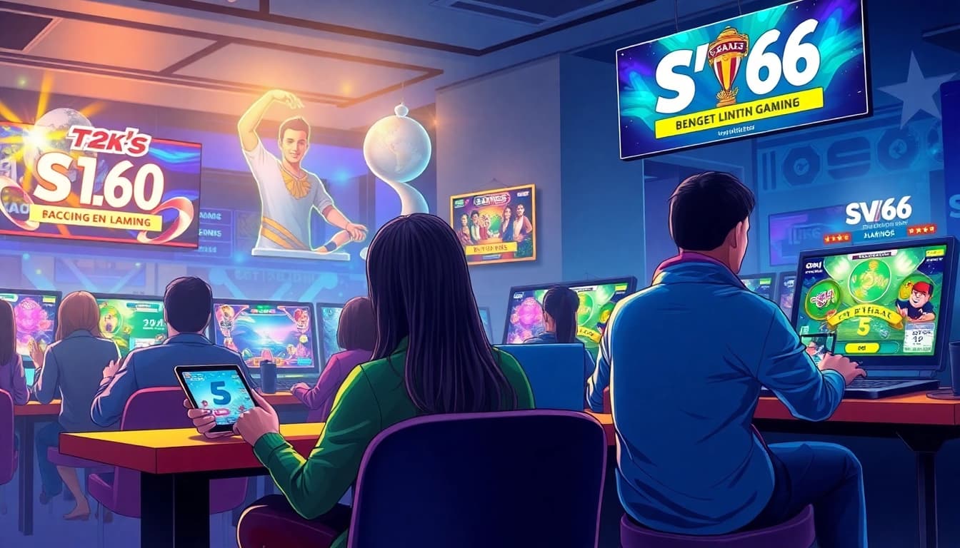 Vibrant depiction of online gaming with SV 66 brand elements, showcasing players and devices in an energetic environment.