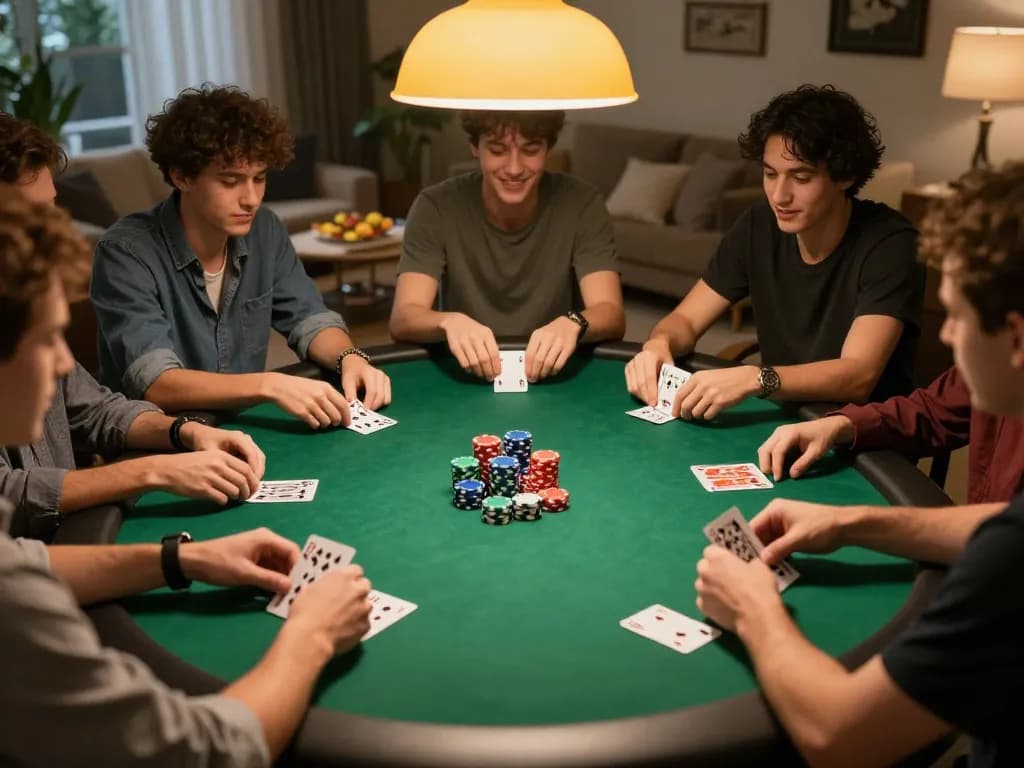 Players engage in an exciting poker game at home, showcasing a23win strategy with visible chips and cards.