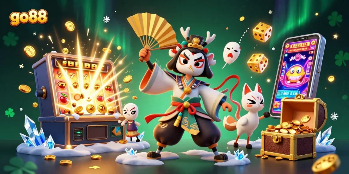 Experience thrilling winnings at go88 with a vibrant scene of 3D characters and casino game elements.