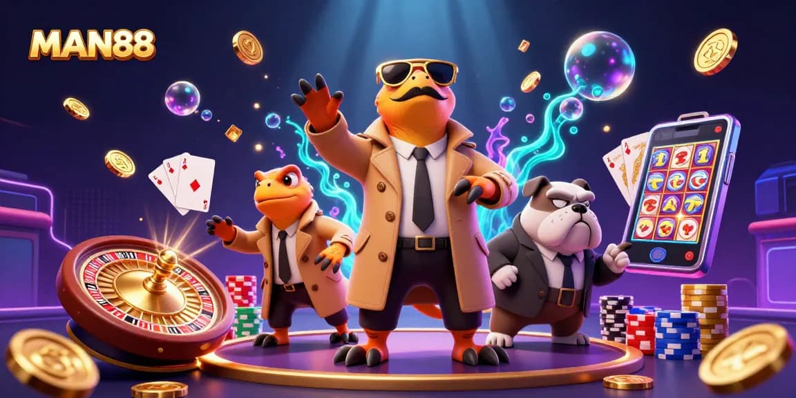 MAN88 captivates players in a cartoon casino scene featuring animated raptors and dynamic gambling elements.