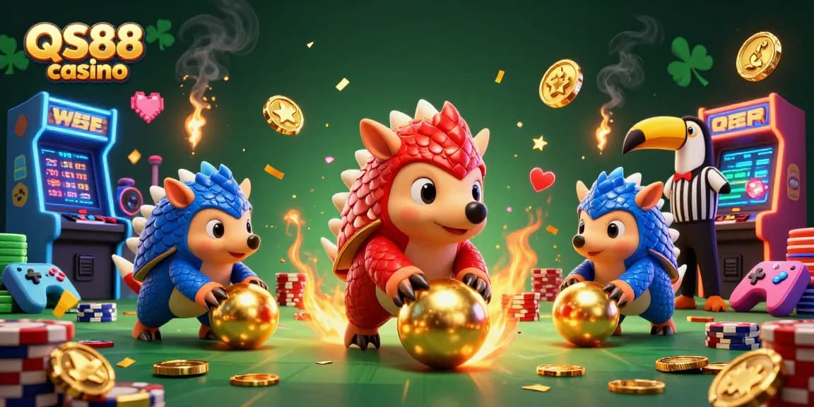 Engage with the QS88 casino experience as pangolins roll into golden spheres amidst poker chips and dynamic game elements.