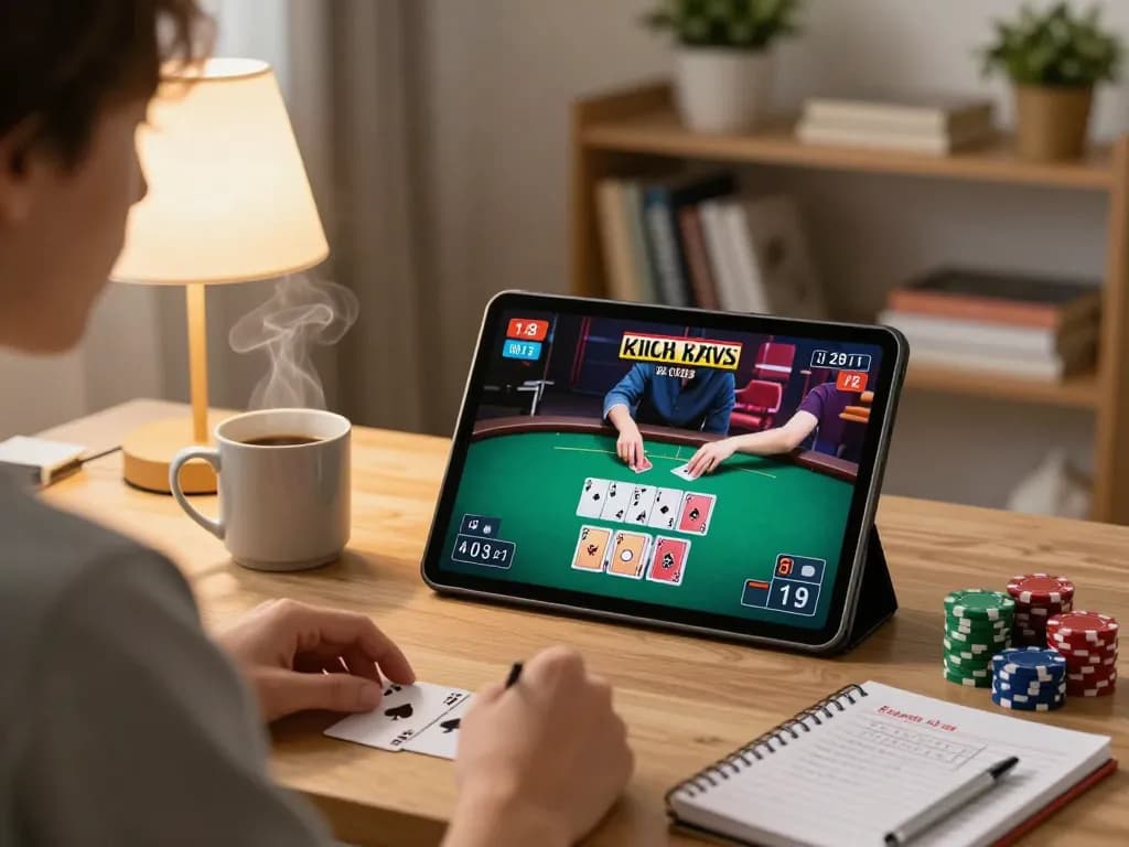 Engaging in an online poker game on 789betviet, showcasing chips and strategies in a cozy home setting.