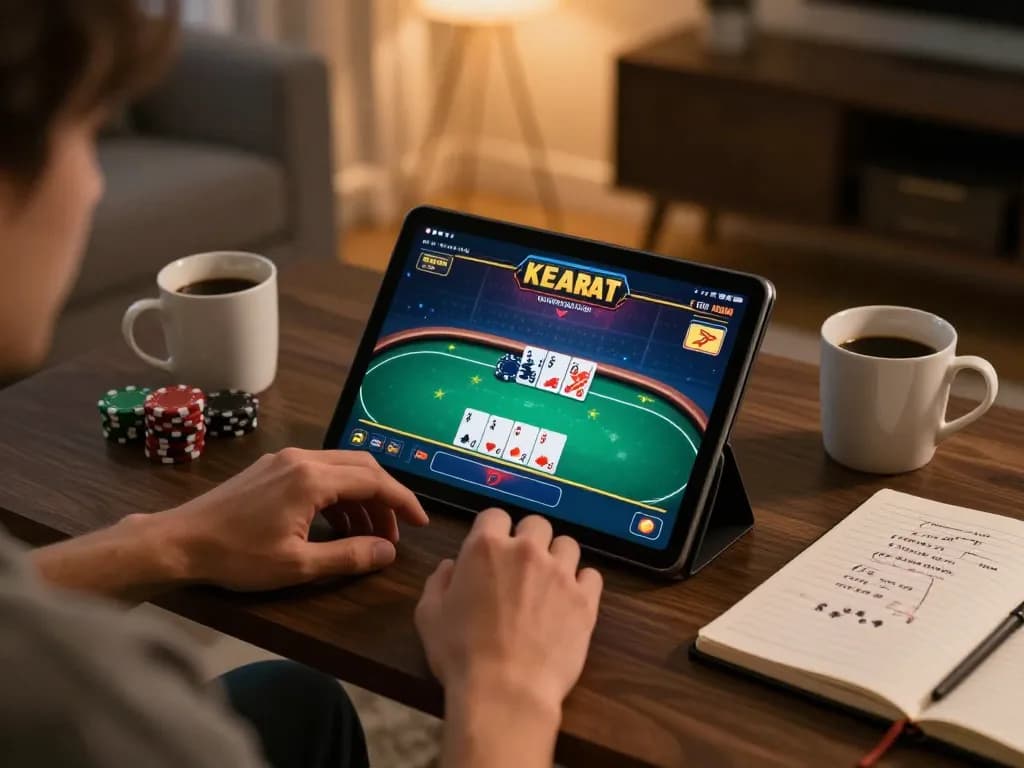 Player enjoying J88 online poker experience on tablet with betting strategies nearby in cozy home