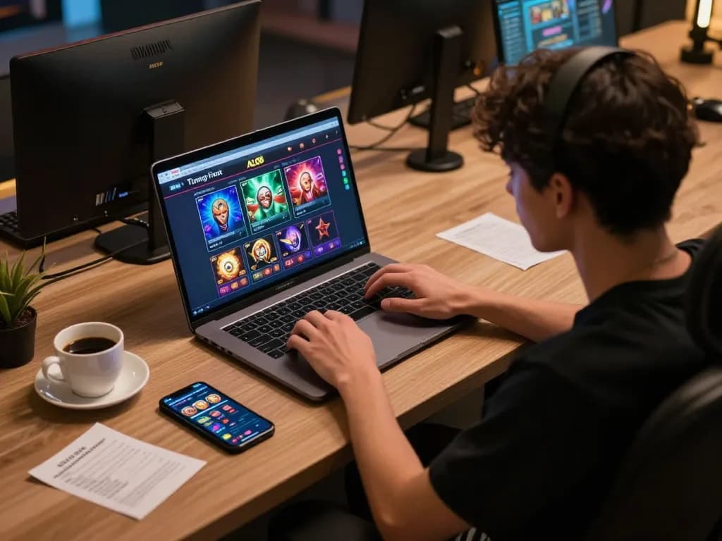 Engaged player exploring Trang chủ ALO8 online casino on laptop, showcasing vibrant gaming interface.