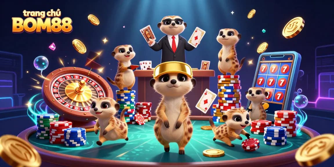 Experience the lively atmosphere of trang chủ BOM88 with meerkats operating a vibrant casino.