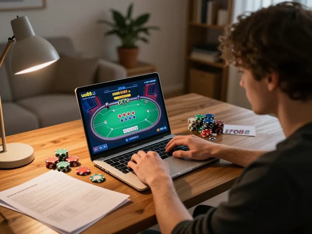 Player engaged in an exciting poker game on uu88 .com, showcasing strategy notes and poker chips
