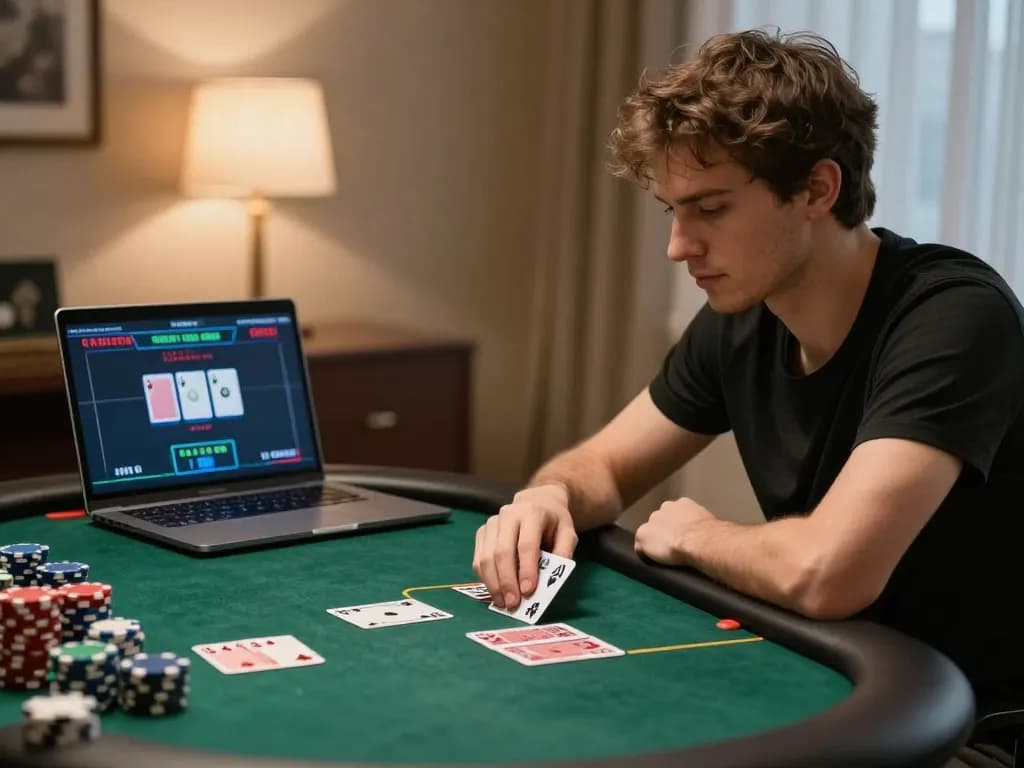 CM88 players engaging in strategic online poker game from a cozy home office setting.