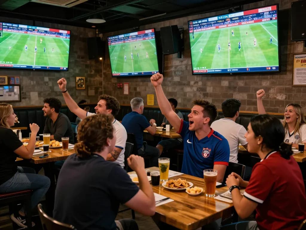 Fans enjoying kênh trực tiếp bóng đá hôm nay in a lively sports bar, creating an exciting atmosphere.
