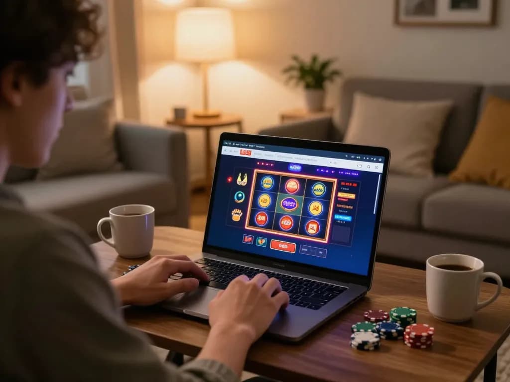 Player engaged in online gaming on the lu88 platform at home, showcasing a laptop screen with vibrant casino graphics.