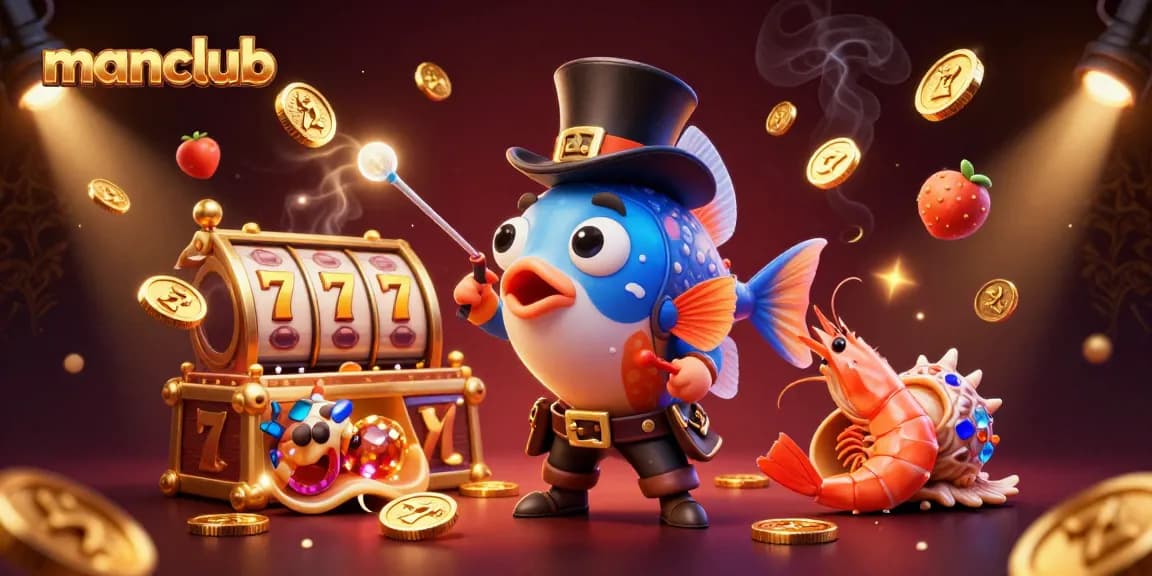 Experience the thrill of gaming at manclub with rich visuals of slot reels and gold coins.