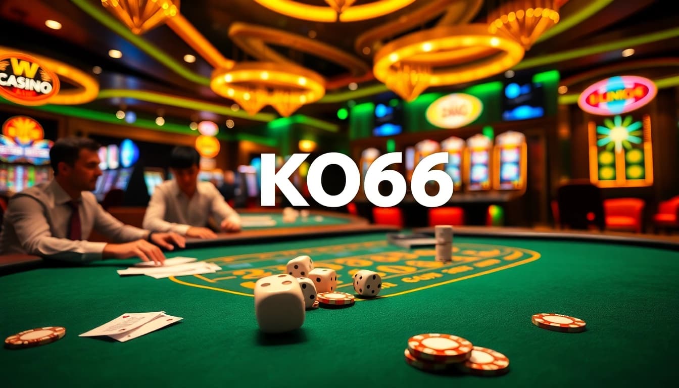 Cảnh sòng bạc KO66 thú vị với người chơi poker và các máy slot sống động.