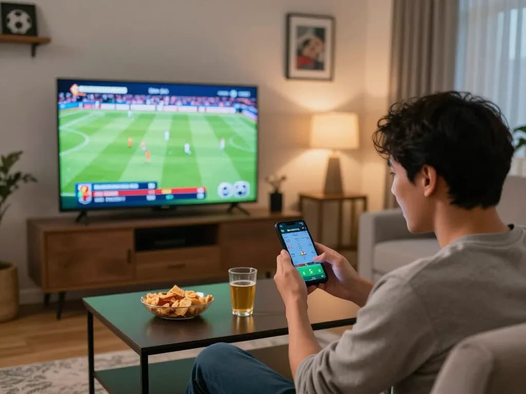 Engaged sports bettor following kênh trực tiếp bóng đá hôm nay on a smartphone in a lively home setting.