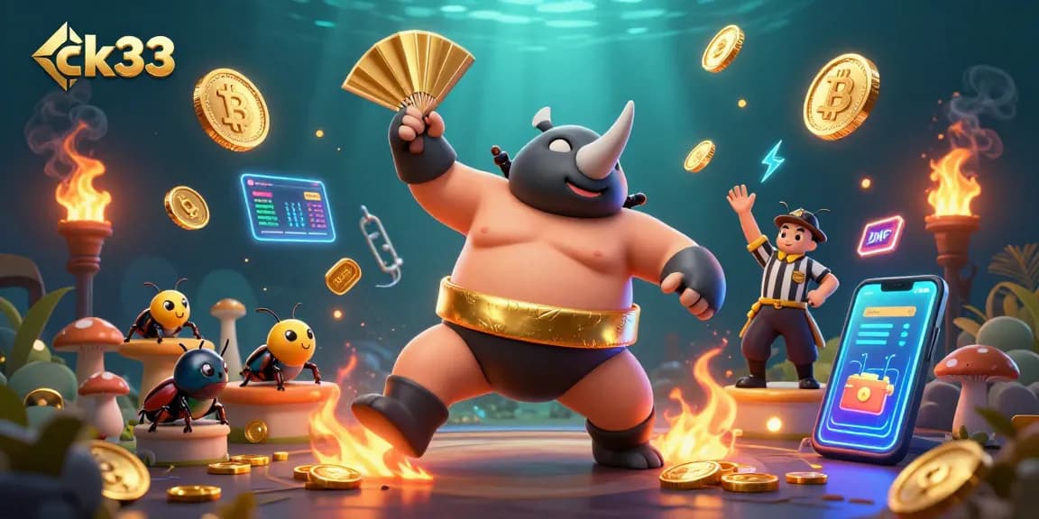 Experience exciting gaming with ck33 as a rhinoceros beetle stomp sends golden coins flying in a vibrant casino setting.