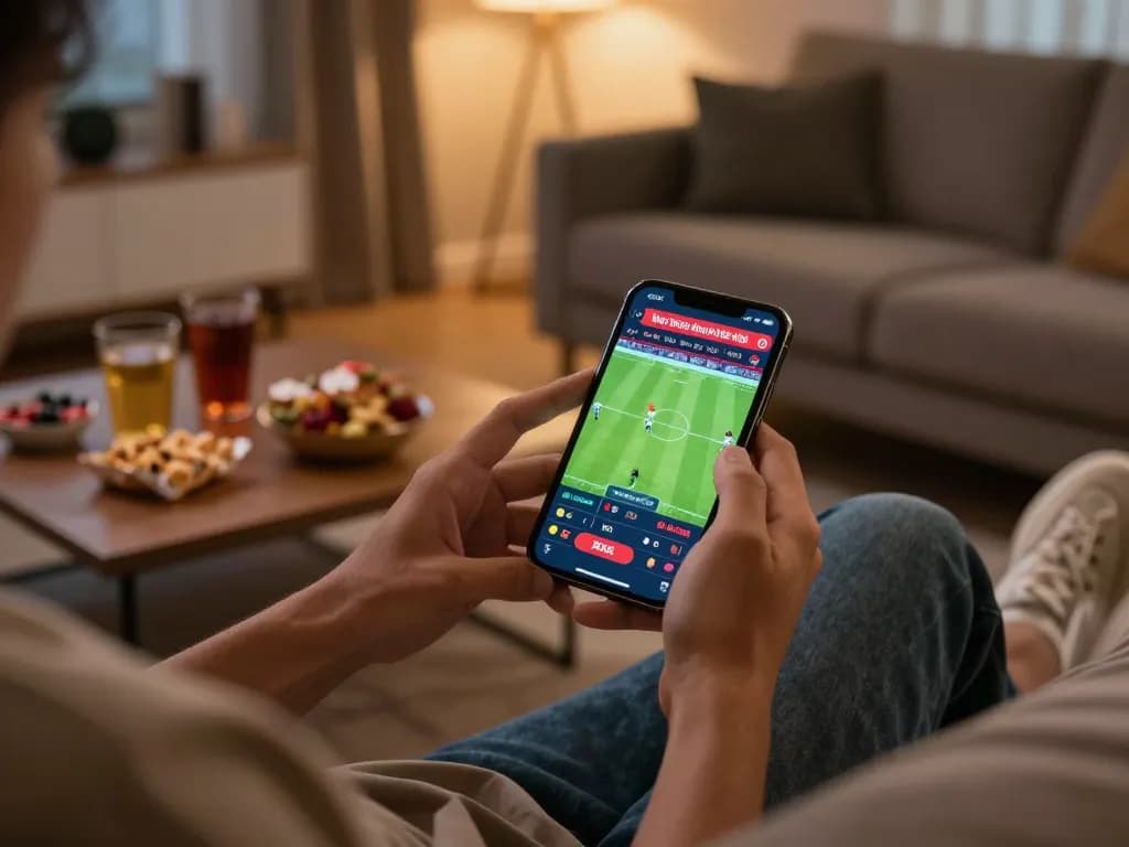 Using smartphone to access kênh trực tiếp bóng đá hôm nay for live football matches in cozy home setting.