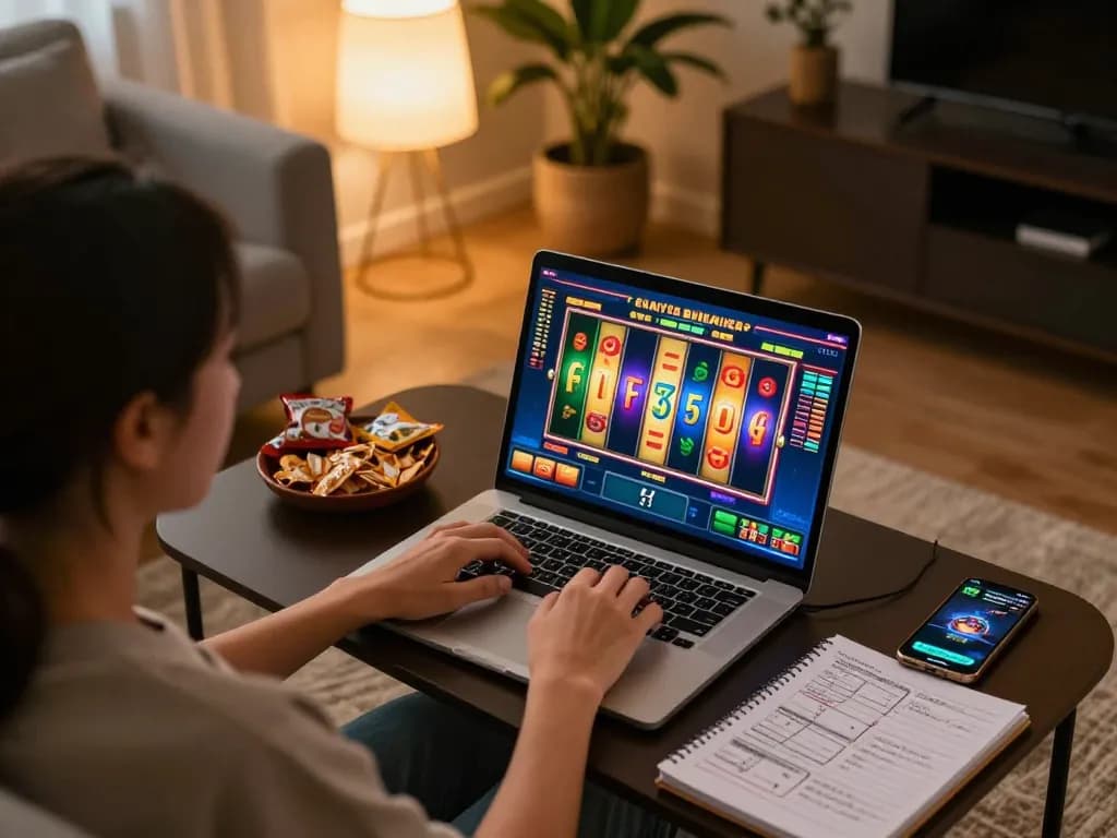 Engaging in online slots at home, showcasing the Website Game Terbaik experience with vibrant gameplay