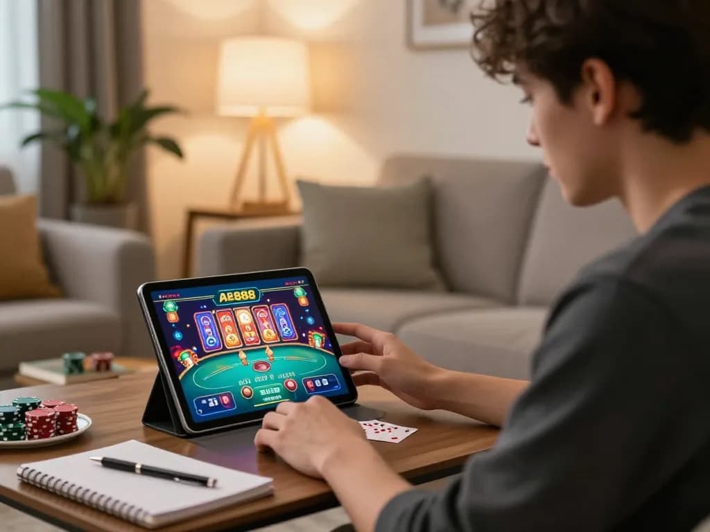 Engaging with AE888's online casino platform in a cozy living room setting while enjoying strategic gameplay