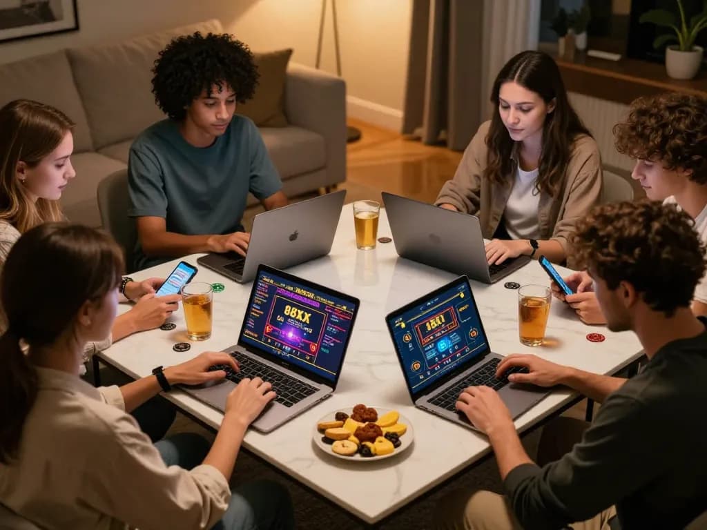 Friends strategizing their next move on the 88xx casino app during a gaming night