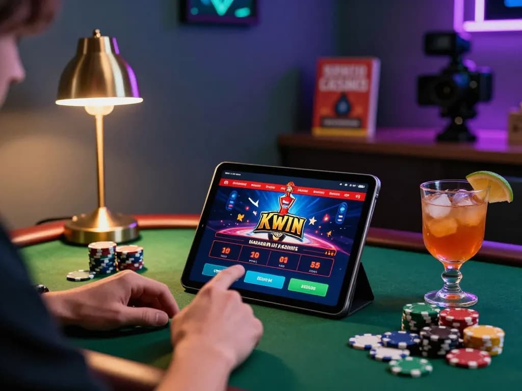 Kwin user enjoying online casino games on tablet with colorful poker chips around.
