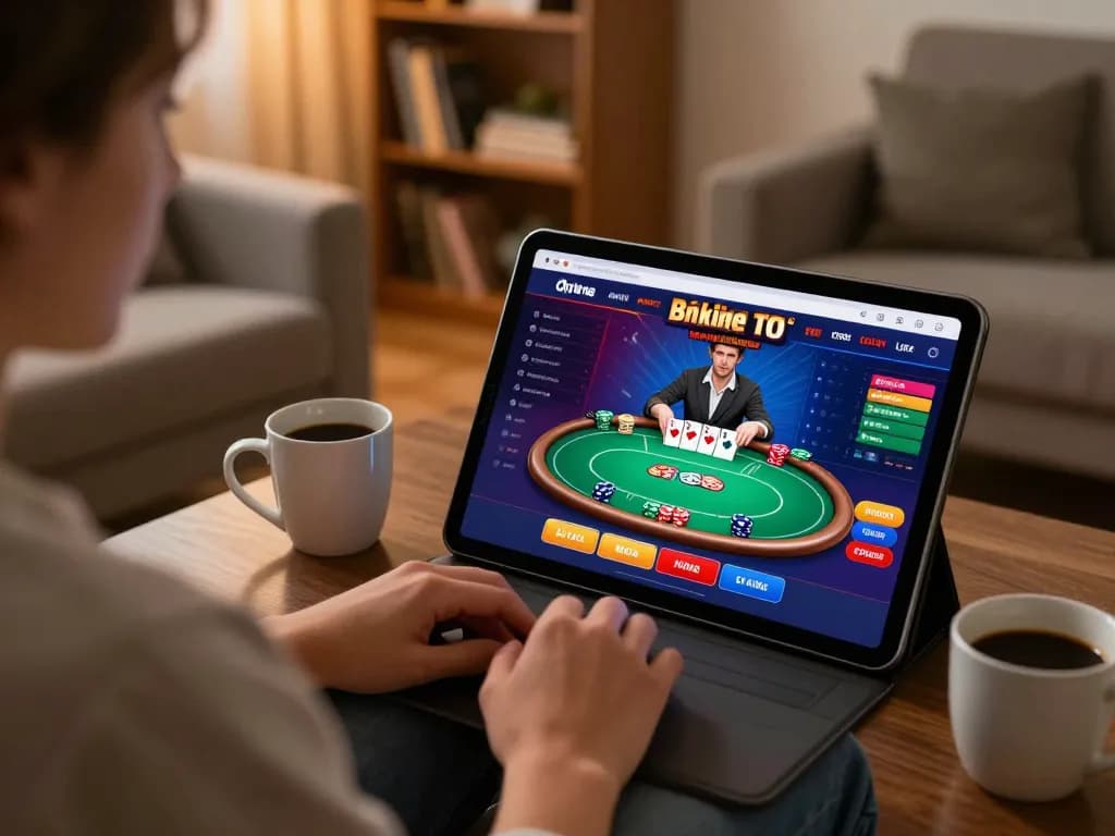 Experience bet168 poker gameplay with immersive online casino on a tablet at home.