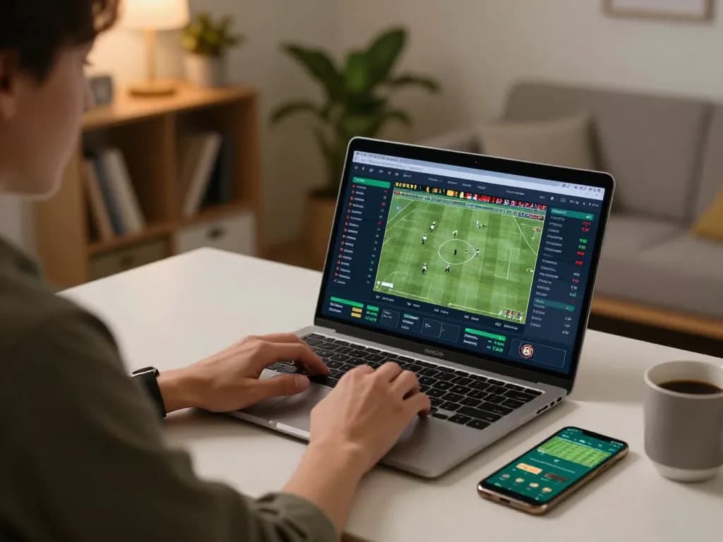 Engaging in online betting using keo nha cai for strategic decisions at home with laptop and smartphone.