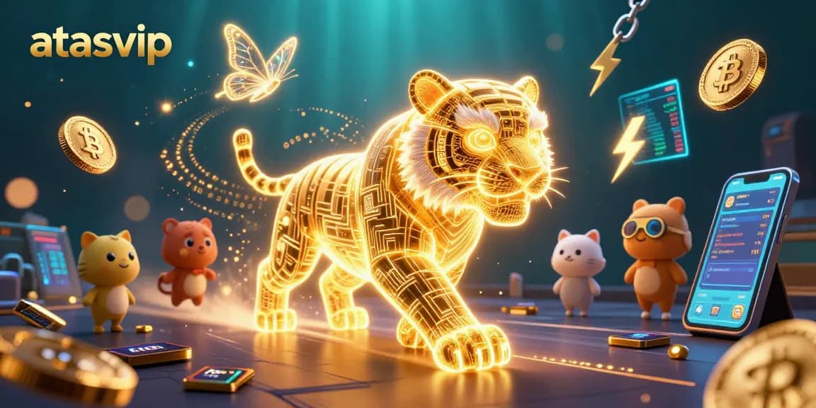 Join the action at atasvip with electrifying games featuring a holographic tiger and crypto elements.