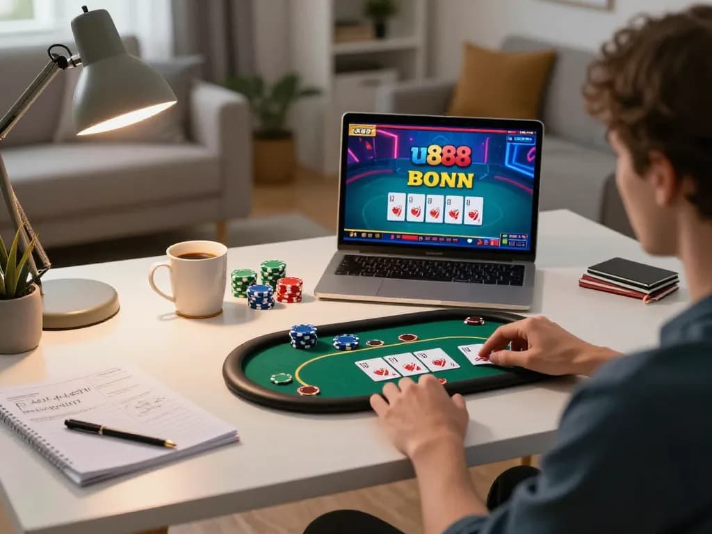 Engaging moment of user playing u888 online casino on tablet with cards and chips displayed.