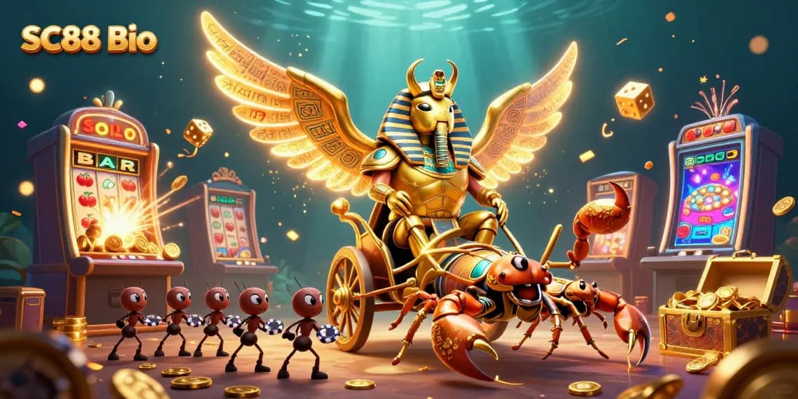 Engage with SC88 Bio's vibrant casino adventure featuring a golden scarab beetle, jackpot slots, and more.