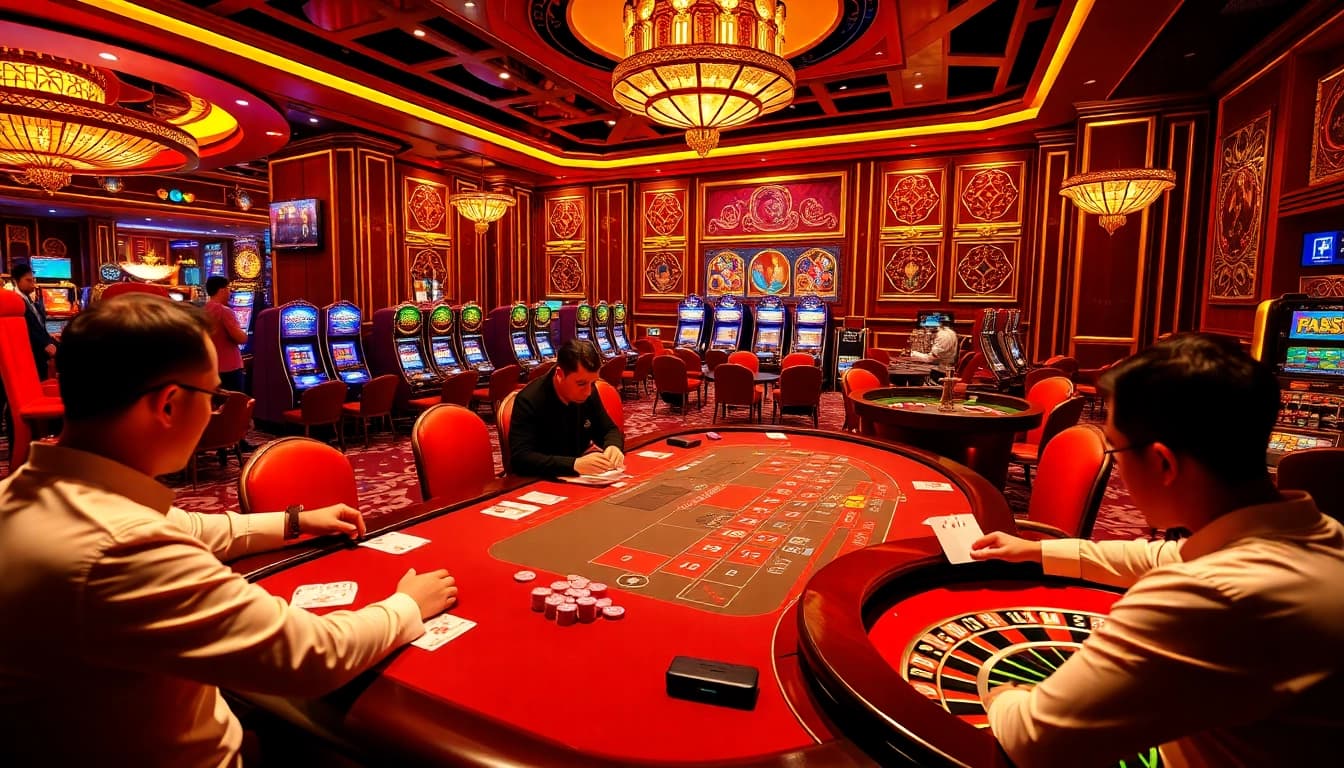 Engage in thrilling Game bài đổi thưởng at a vibrant casino table surrounded by colorful chips and cards.