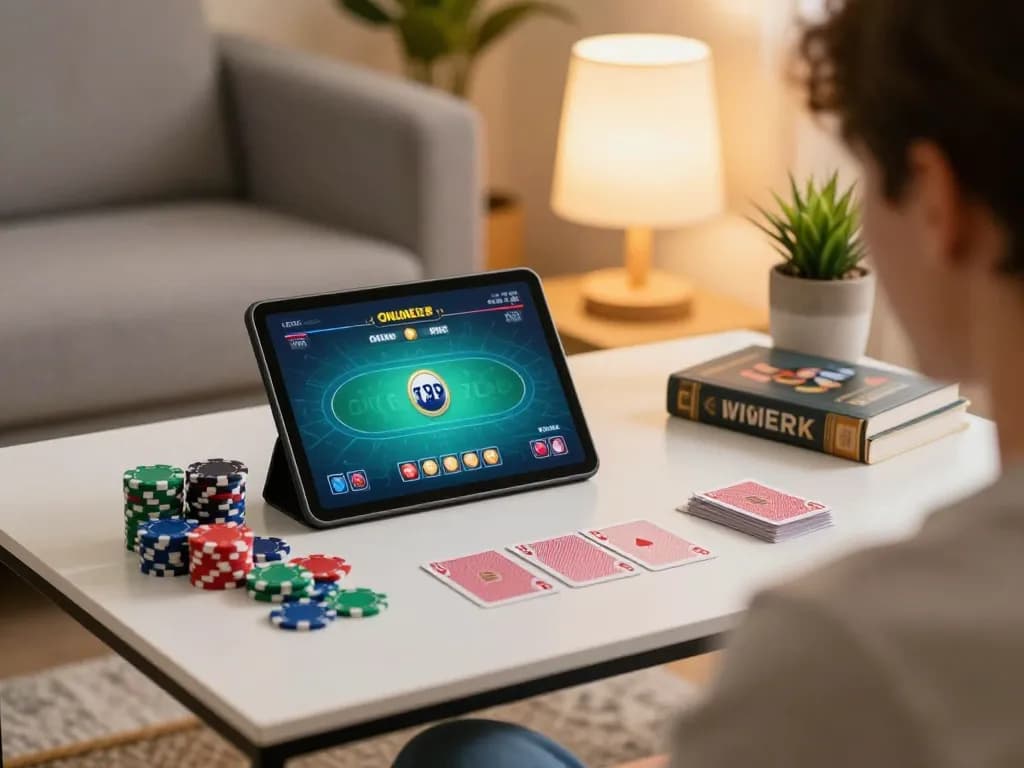 Playing 79club online poker on a tablet in a cozy home setting with vibrant lighting.