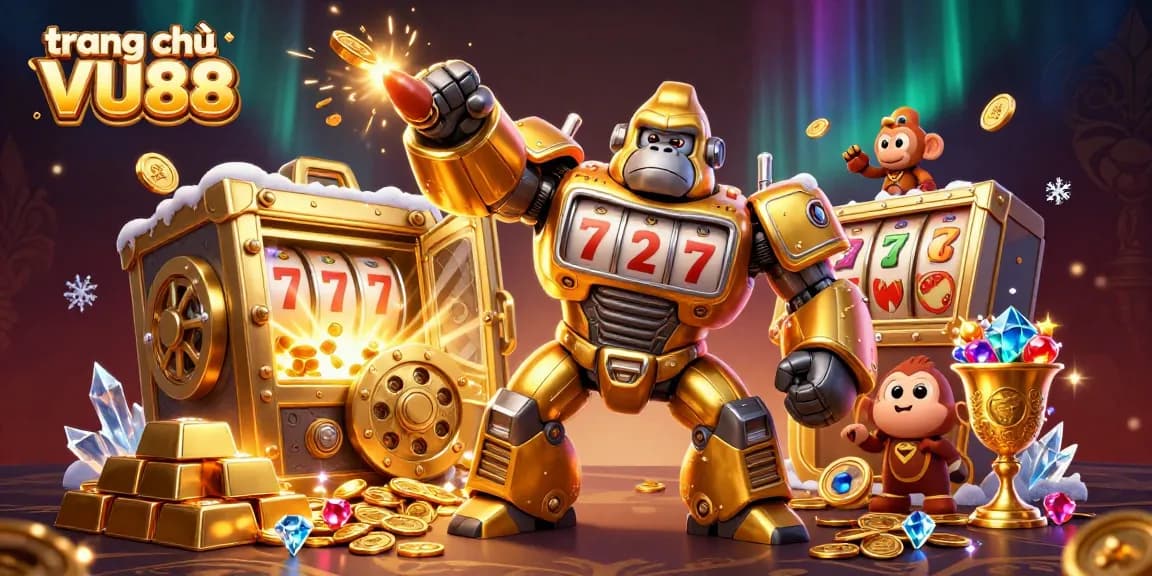 Spin the reels of trang chủ VU88 with an exciting golden gorilla mech amidst jewels and coins.