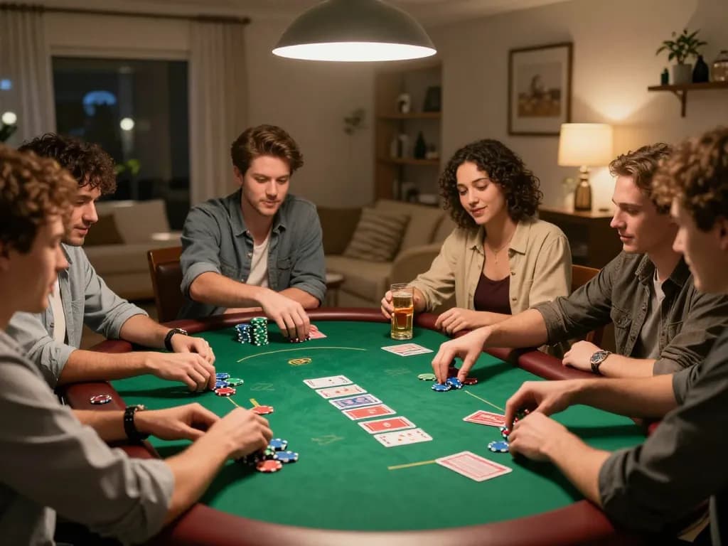 Kuwin players enjoying a lively poker game at home with friends, showcasing dynamic gameplay and a cozy atmosphere.