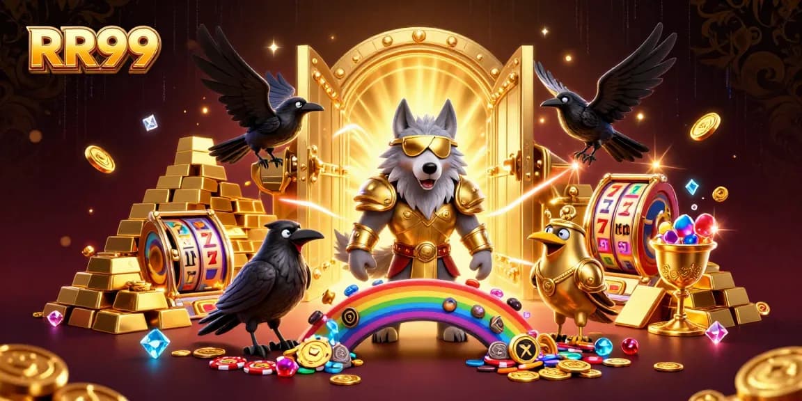 Play RR99 slots with Odin and his ravens surrounded by dazzling treasures in this vivid illustration.