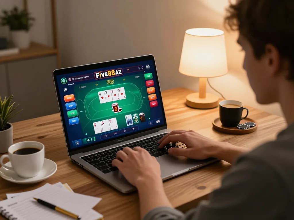 Engaging poker gameplay on five88az displayed on a laptop in a cozy home setting