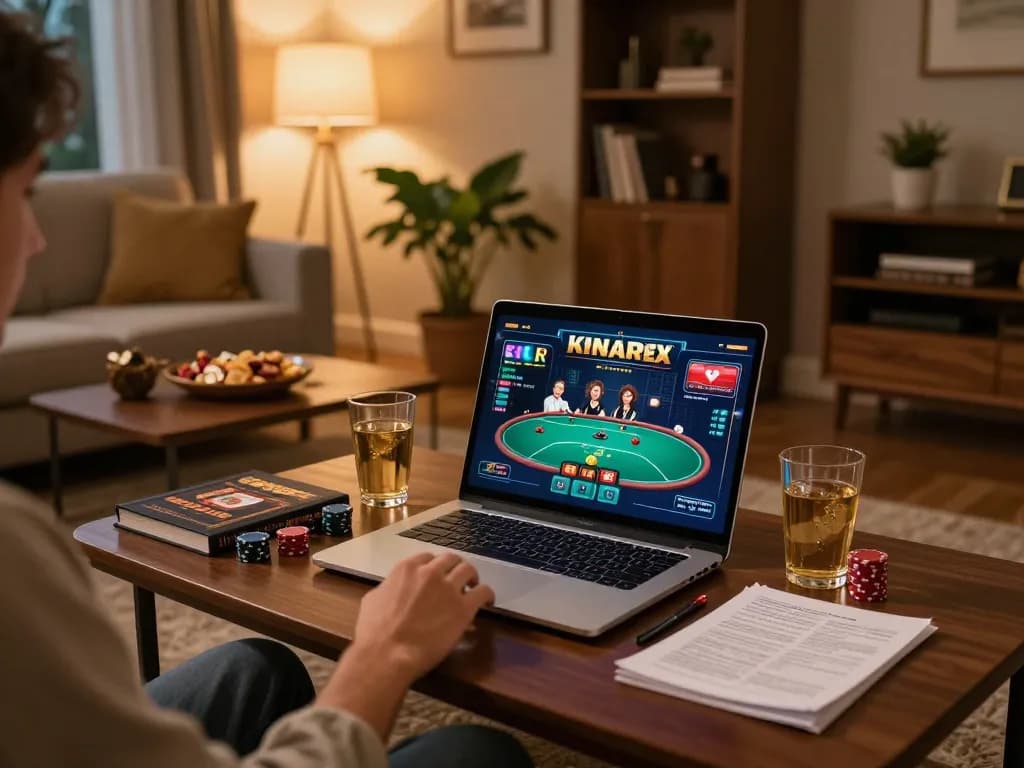 Engaging in online gambling at https://mm88.it.com/ with a cozy home gaming setup, focusing on a poker game interface.