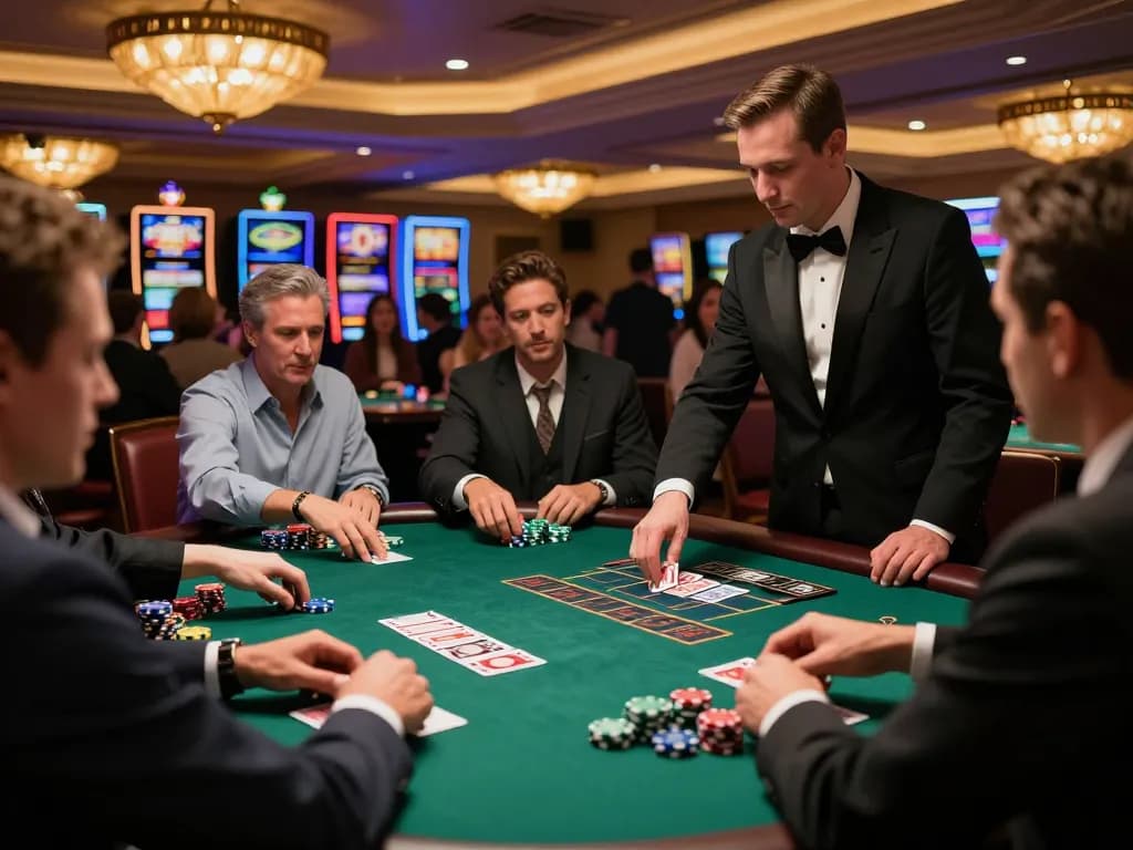 Players strategizing at the blackjack table at mb66ac casino, colorful chips and cards visible for heartfelt engagement.