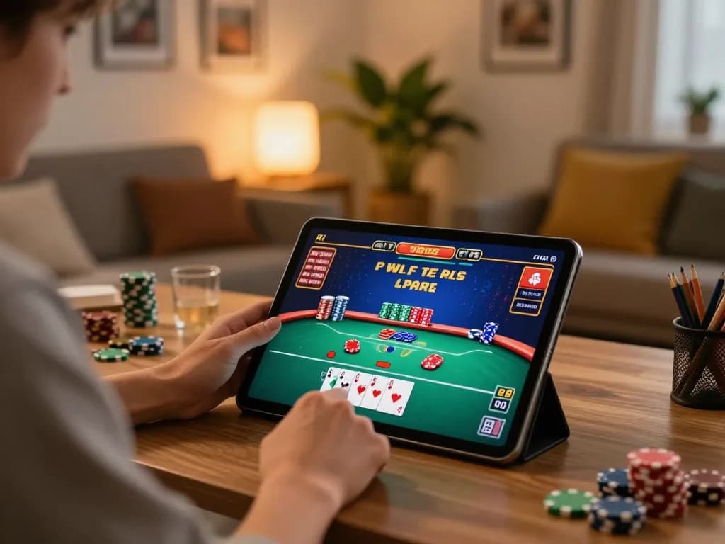 Player enjoying fun88 online poker game on a tablet in a cozy home office setting