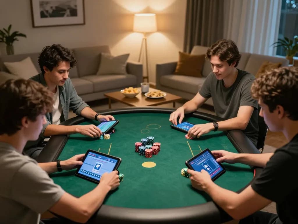 Players engaging in online poker with RR88 during a cozy game night at home.