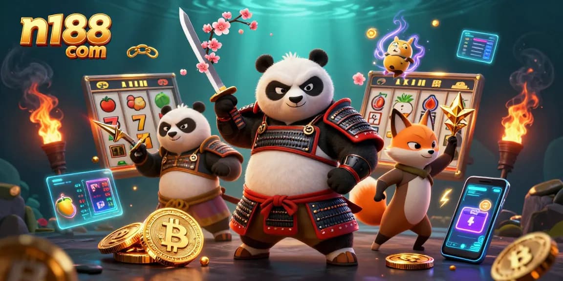 Play thrilling games at n188 com with a captivating 3D illustration of samurai panda and ninja fox.