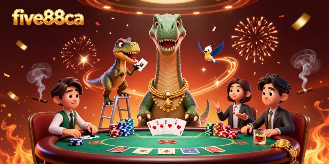 Join the fun at five88ca, where a brontosaurus oversees a bustling poker scene filled with vibrant casino elements!