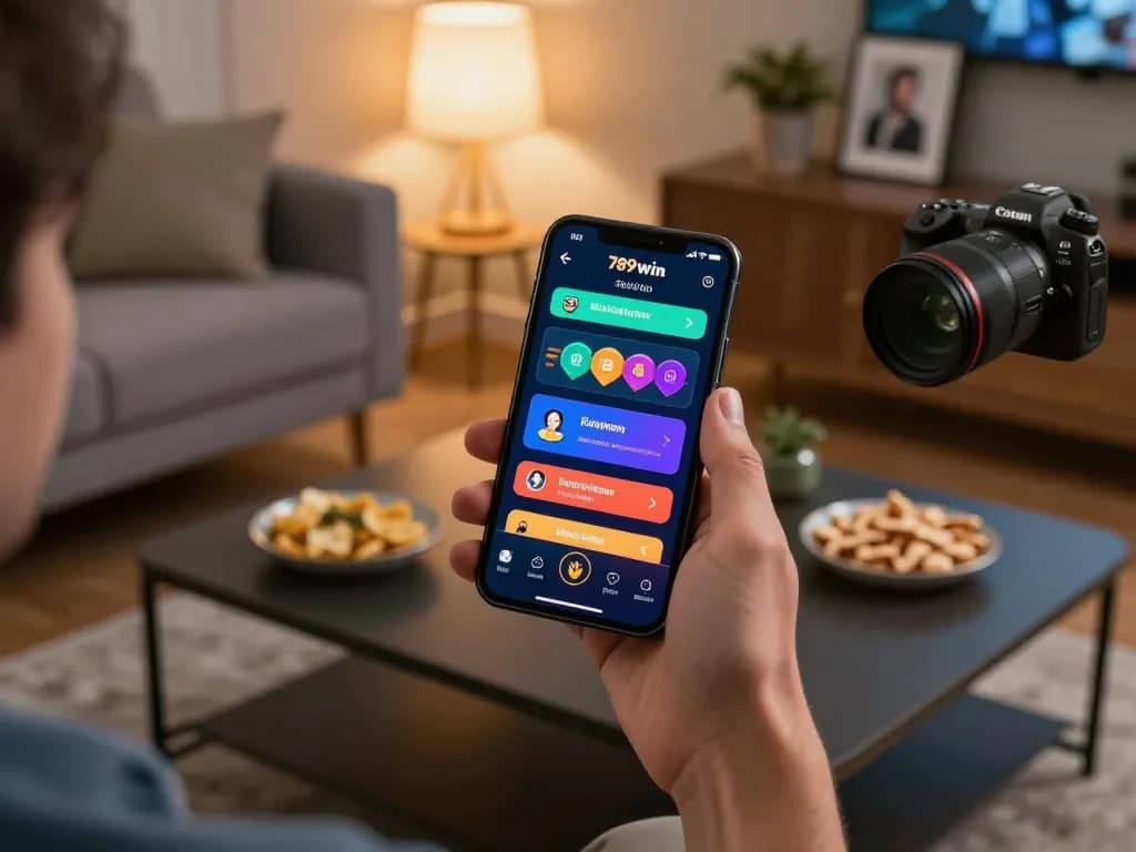 Player celebrating a win on the 789win club app in a modern home setting, showcasing mobile gaming excitement.