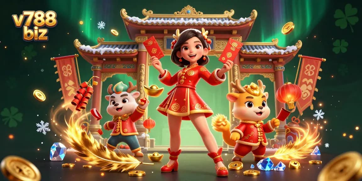 Experience the excitement of v788 biz with vibrant casino elements and stunning character designs in a festive atmosphere.