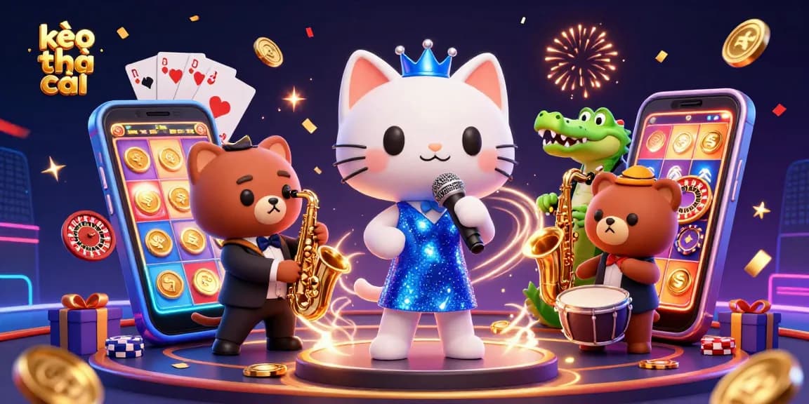 Engage with kèo nhà cái in a lively casino scene featuring a jazzy cat, crocodile, and bear.