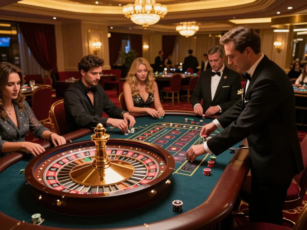 FUN79 players placing bets at an exciting roulette table in a luxurious casino setting.