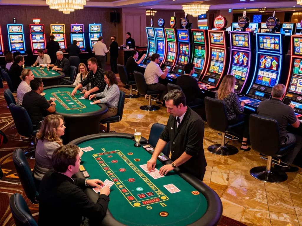 Players strategizing at blackjack tables in a bustling casino while enjoying the thrill of sc888