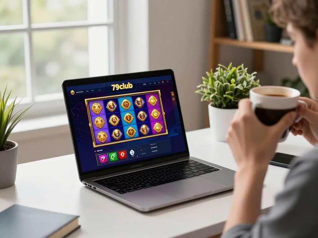 Engaging with 79club com's slot games on a laptop in a cozy home setting, promoting responsible gaming.