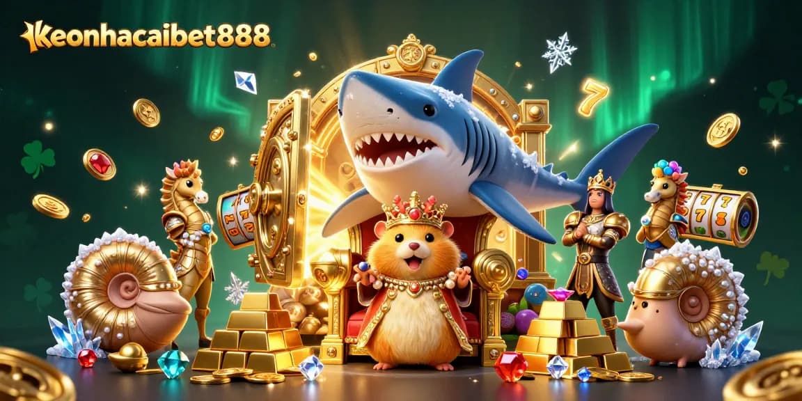 Bet big with keonhacaibet888, featuring a hamster king in a treasure-filled casino scene.