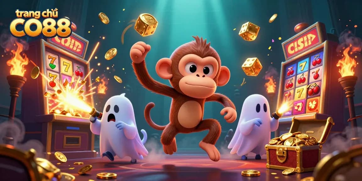 Experience excitement at trang chủ CO88 with a playful poltergeist monkey and curious puppy in a haunted casino scene.